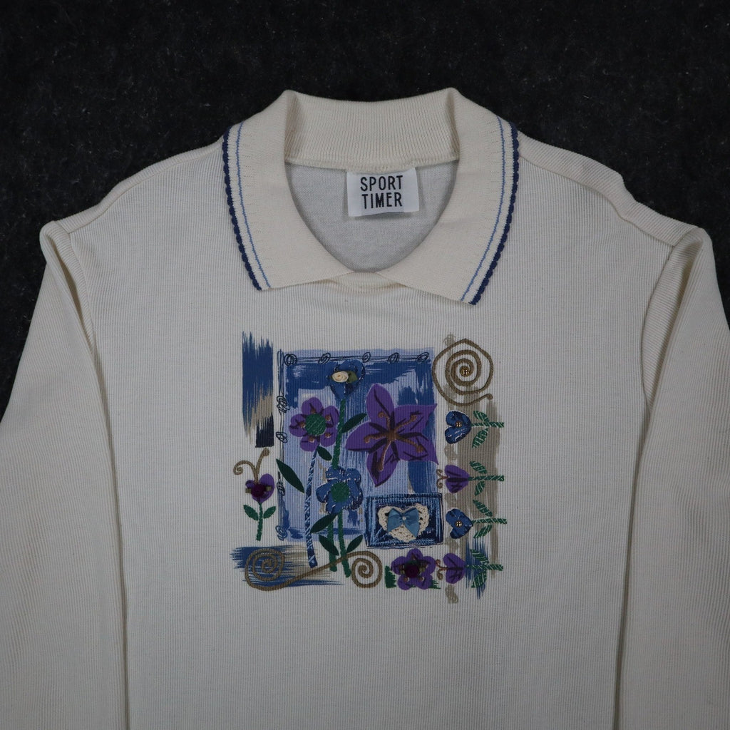 Sport Timer Floral Polo Shirt Womens XL Vintage 90s Cream Made in USA NEW - take2supply
