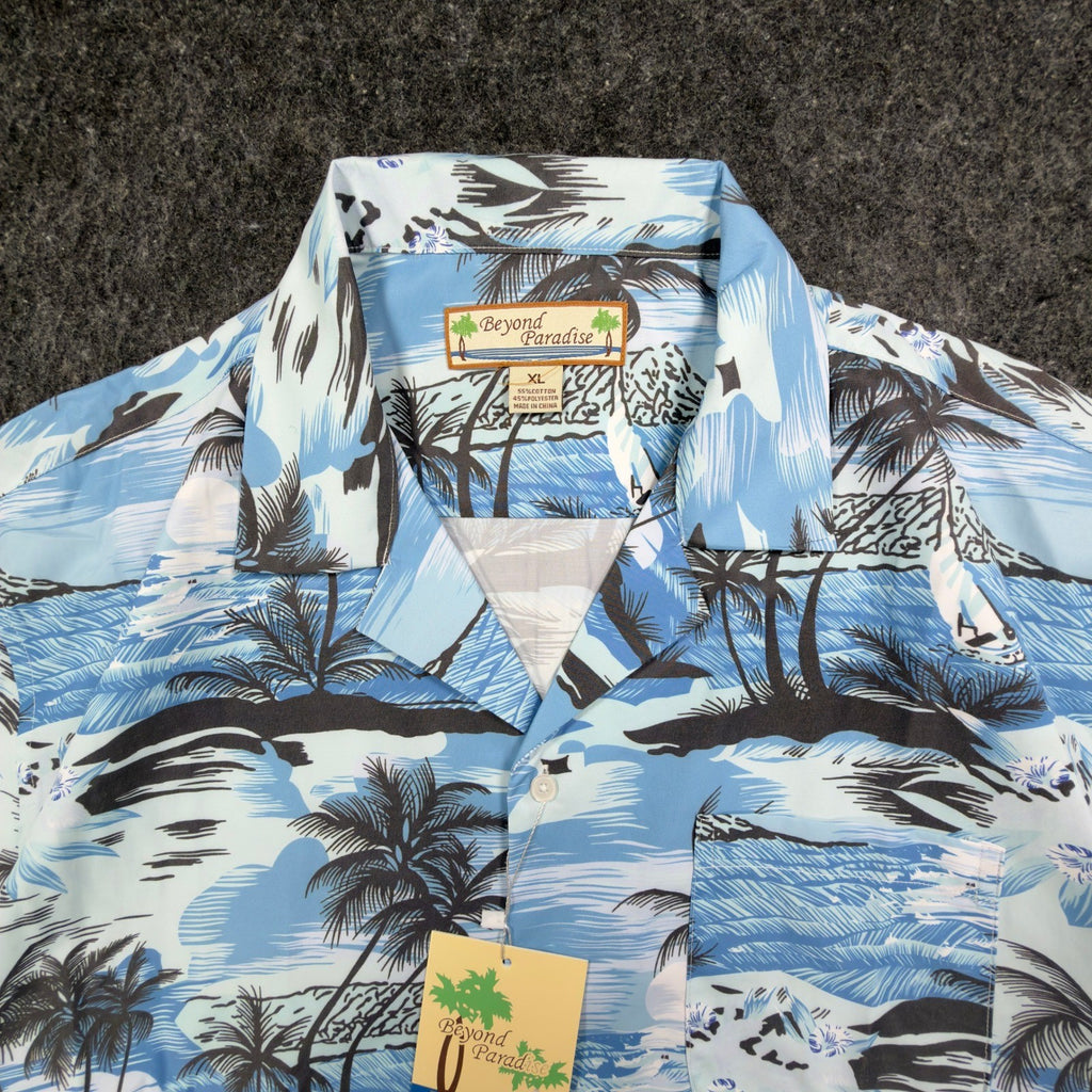 Beyond Paradise Hawaiian Shirt Mens XL Blue Tropical Palm Tree Cotton Blend NWT - take2supply