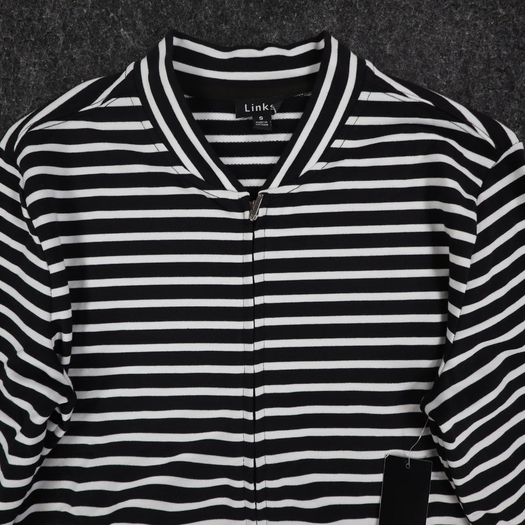 Links Womens S Black White Striped Full Zip Knit Jacket Stretch NWT - take2supply