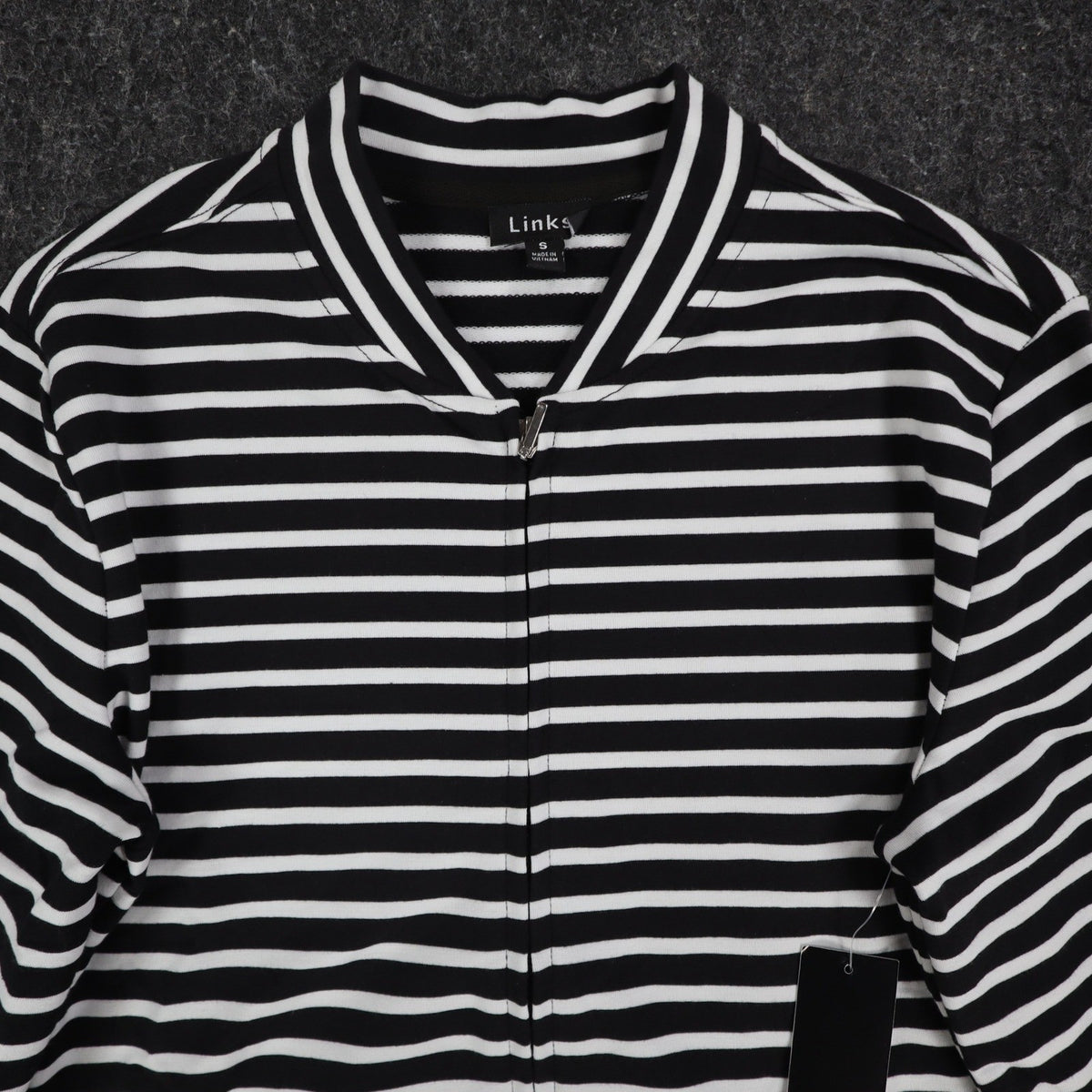 Links Womens S Black White Striped Full Zip Knit Jacket Stretch NWT - take2supply