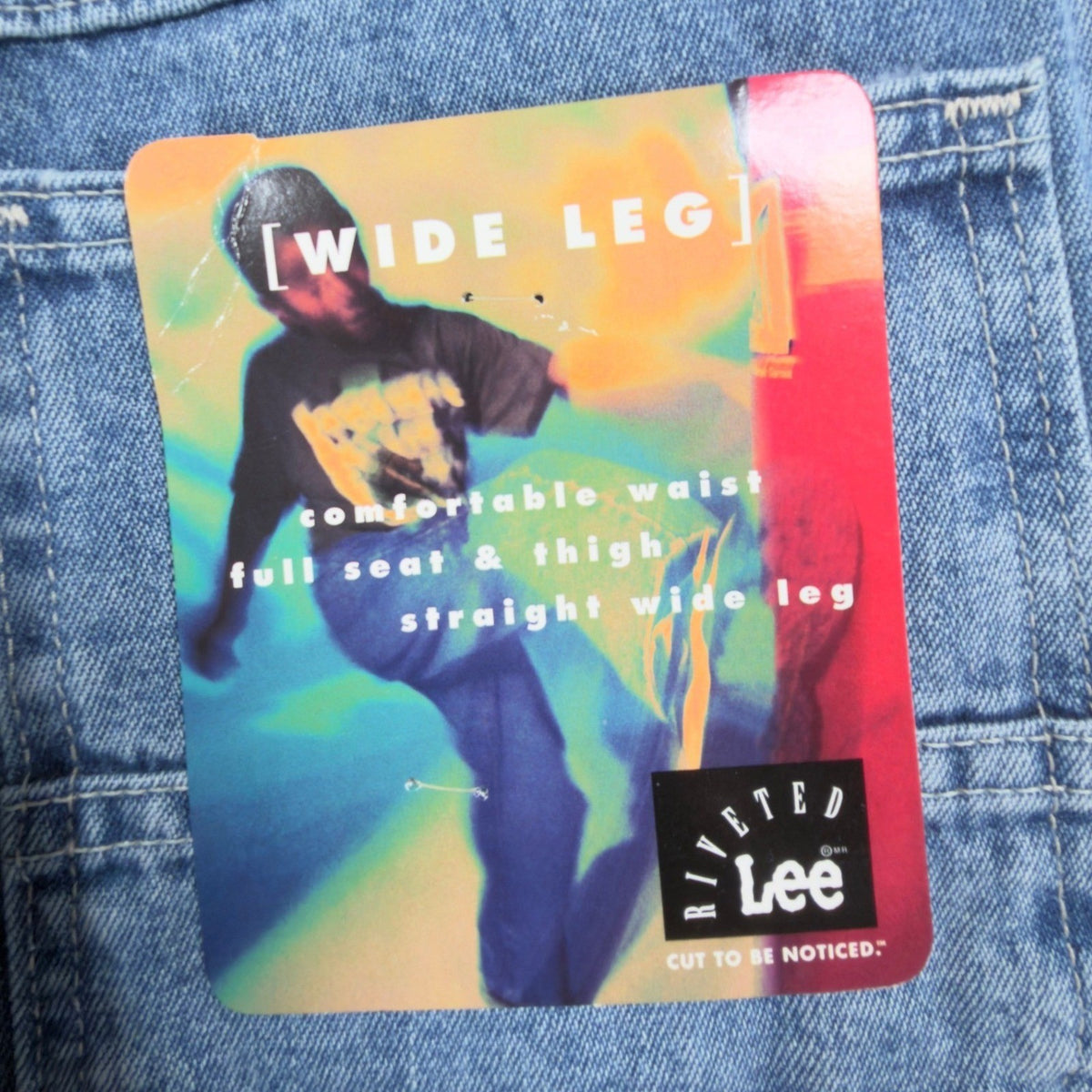 Close-up of a colorful Lee Wide Leg hangtag