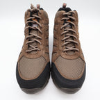 Brown Carhartt lace-up hiking boots with black toe guards, front view showing mesh panels and laces