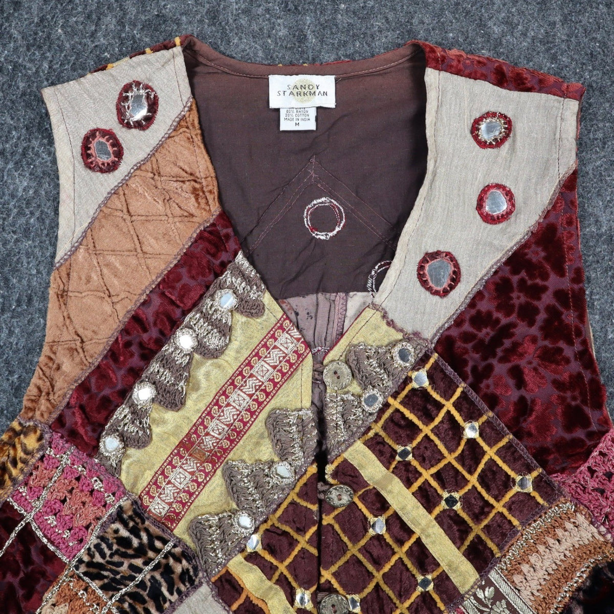 Sandy Starkman Patchwork Vest Womens M Vintage 90s Velvet Embellished Boho Brown - take2supply