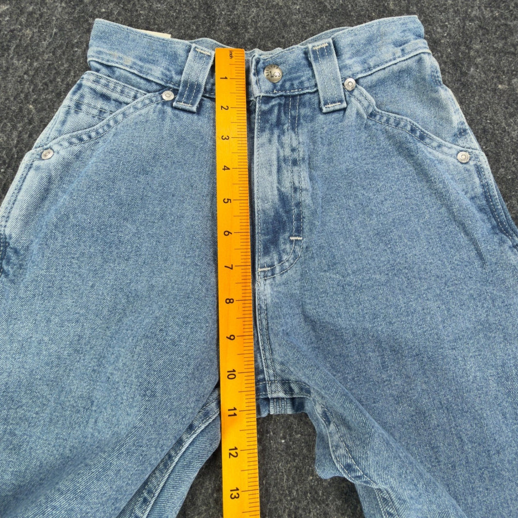 Ruler from the waistband to the crotch of light blue Lee wide-leg carpenter jeans