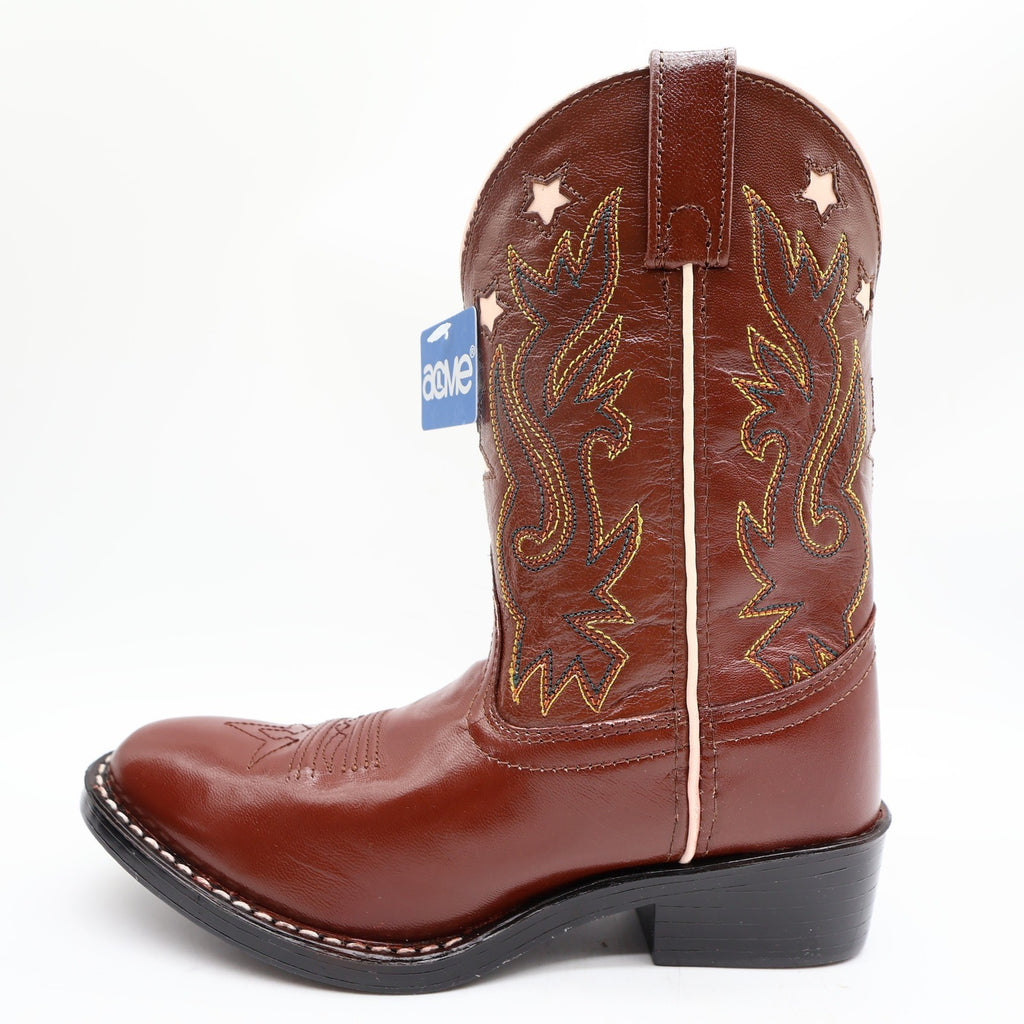 Acme Vintage Style Western Boots Kids 3 Brown Leather NWT AC146 Star Inlay - take2supply