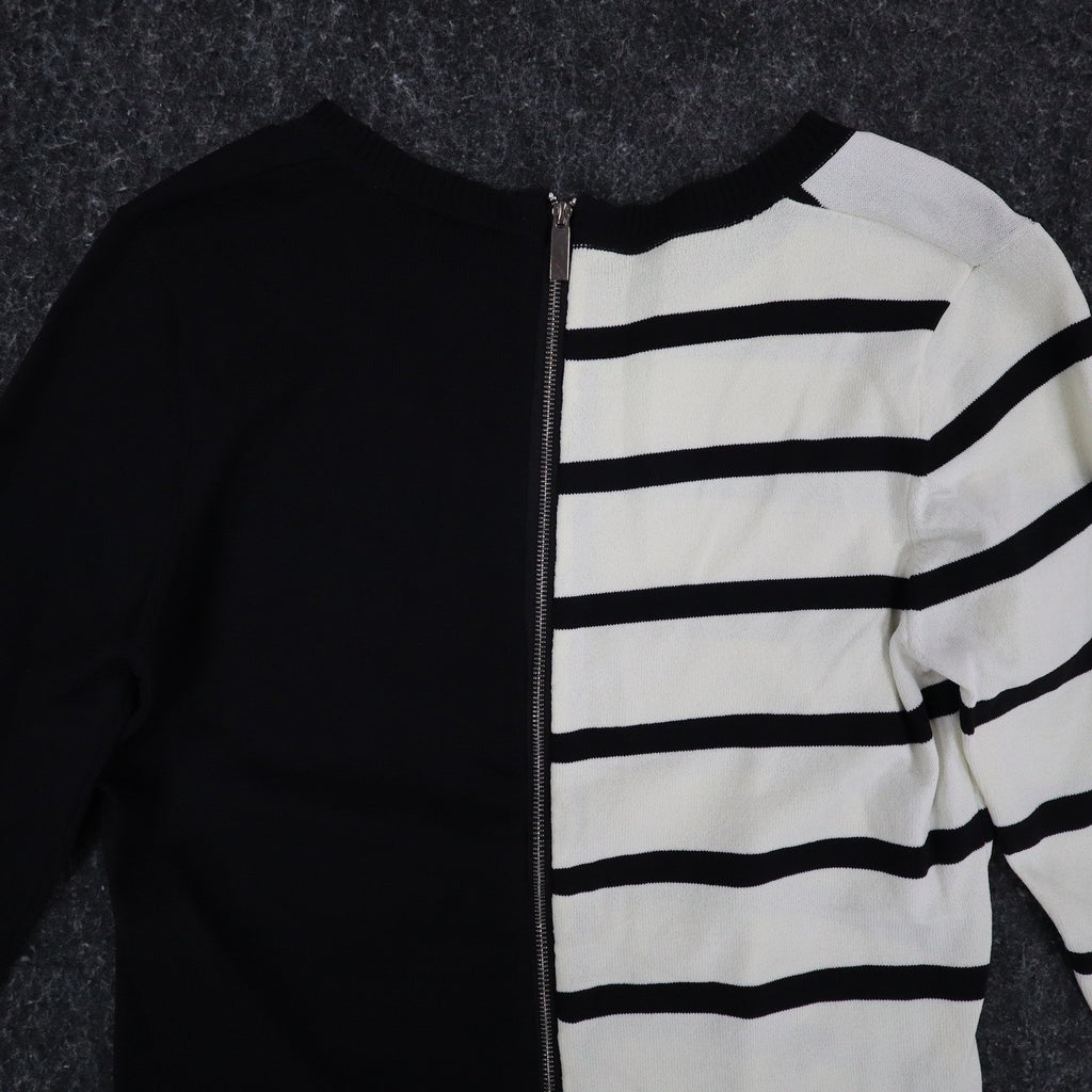 Lana Lee Tunic Sweater Womens Large Black White Striped Colorblock Zip Back New - take2supply
