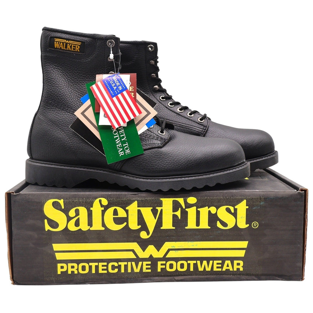Walker SafetyFirst Steel Toe Work Boots Mens 13 D Vintage 90s USA Black Leather - take2supply