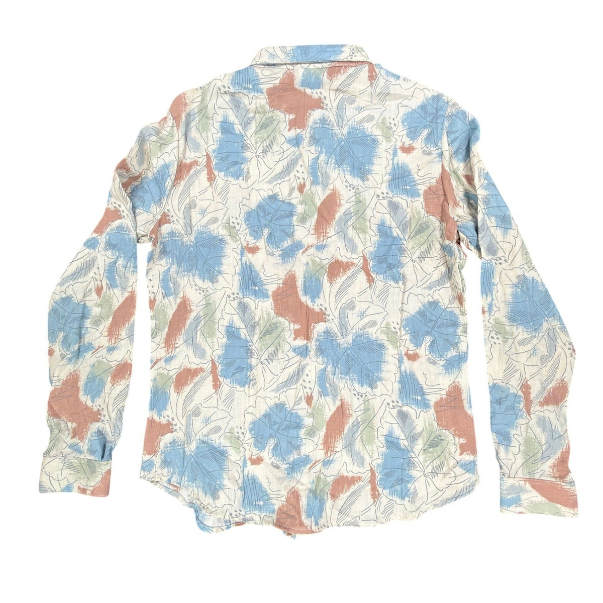 Cream Miss B long-sleeve shirt with blue, rust and green leaf print, full back view