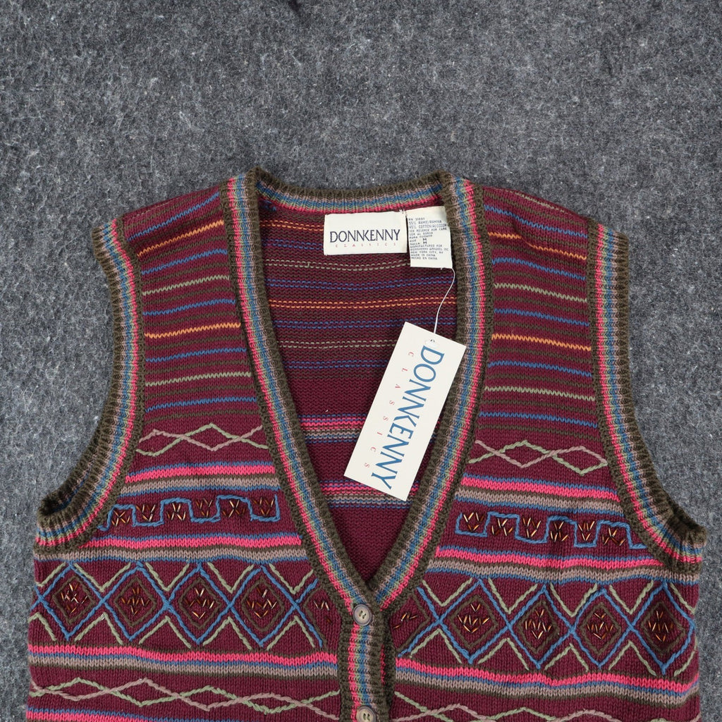 Donnkenny Sweater Vest Womens M Vintage 90s Burgundy Beaded Fair Isle Cotton - take2supply