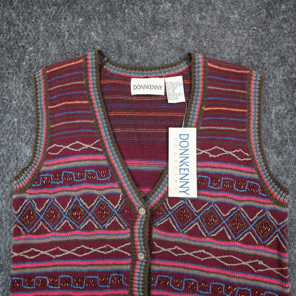 Donnkenny Classics Sweater Vest Womens M Vintage 90s Burgundy Beaded Knit Vest - take2supply