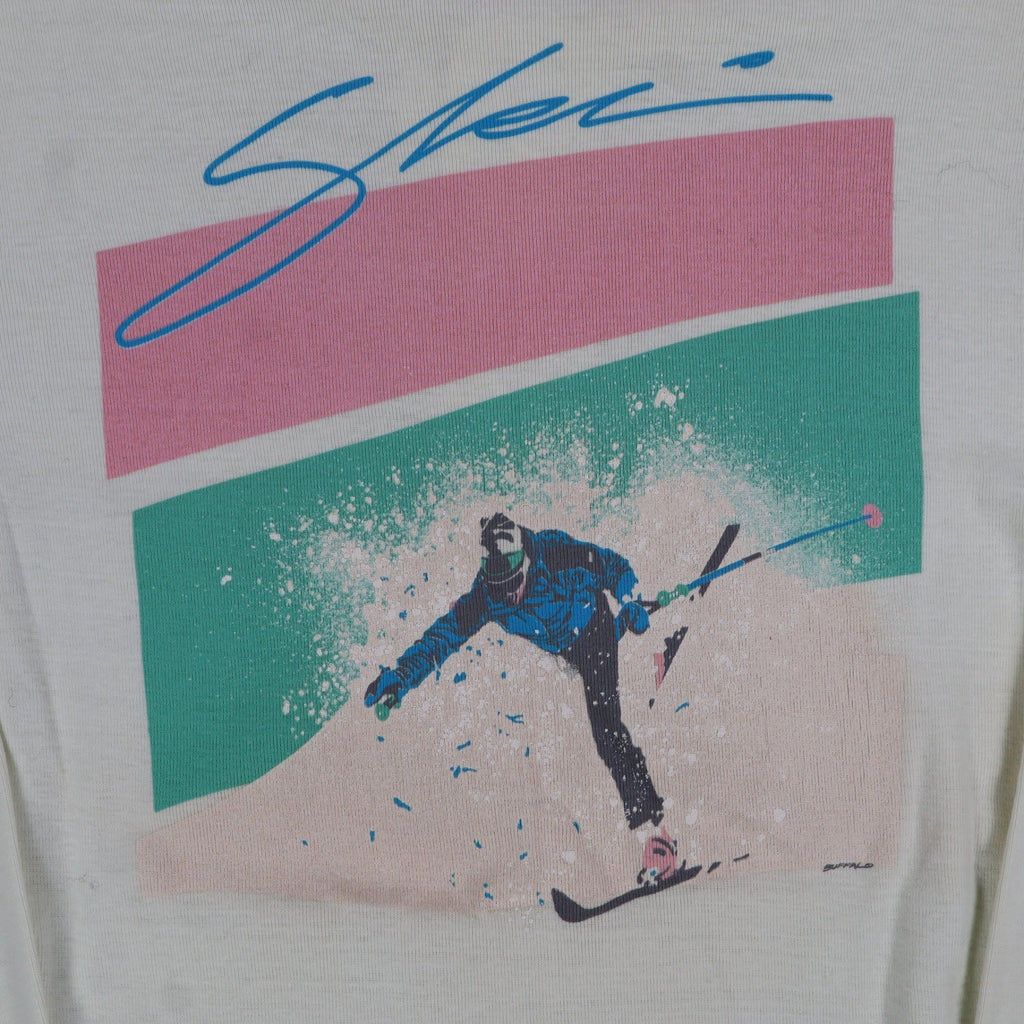 Buffalo Shirts Henley Shirt Medium Vintage 90s Skier Graphic Long Sleeve Cream - take2supply