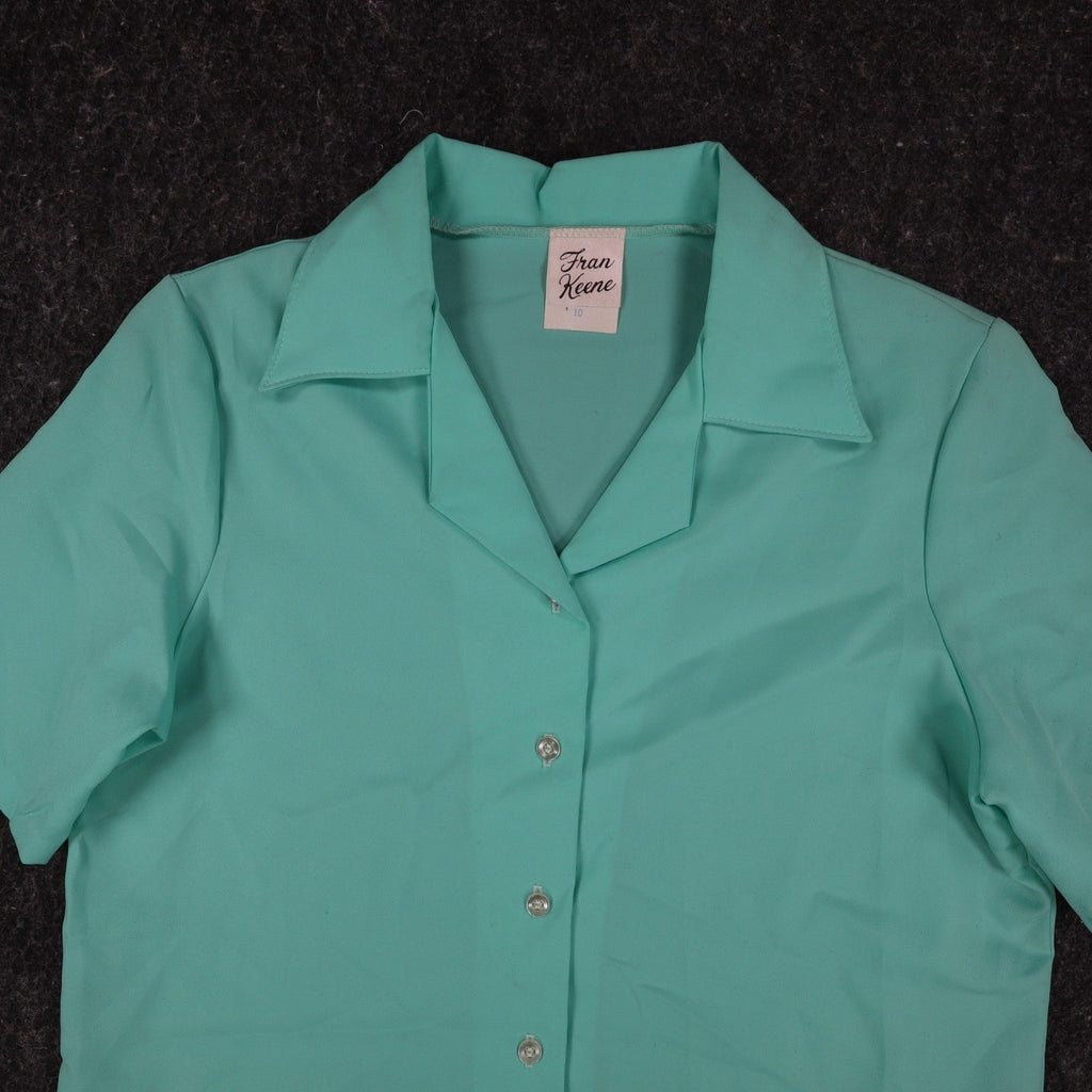 Fran Keene Vintage 70s Blouse Womens 10 Aqua Mint Green Short Sleeve Button Up - take2supply