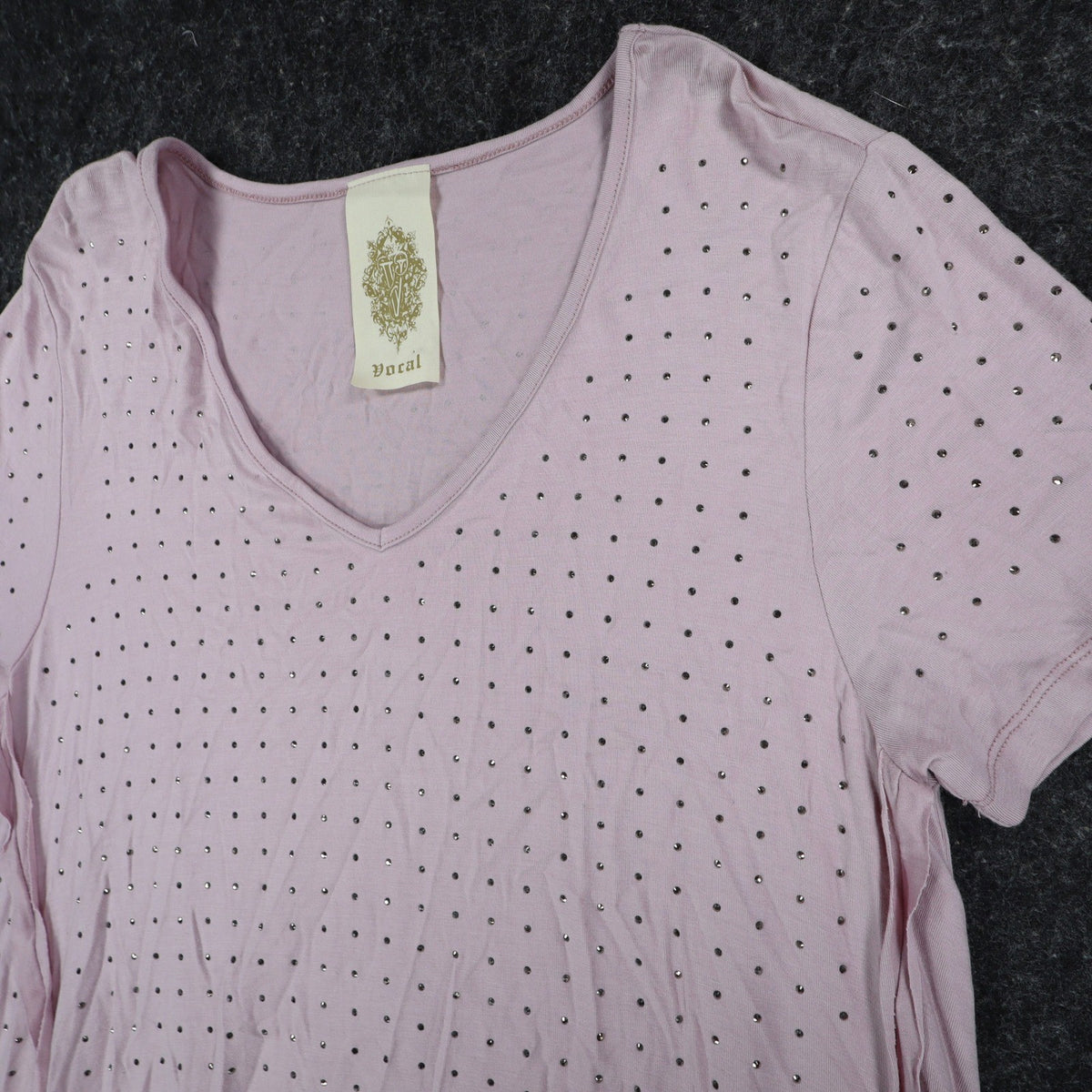 Vocal Rhinestone Stud Tunic Top Womens Small Mauve Pink High Low Layered V-Neck - take2supply