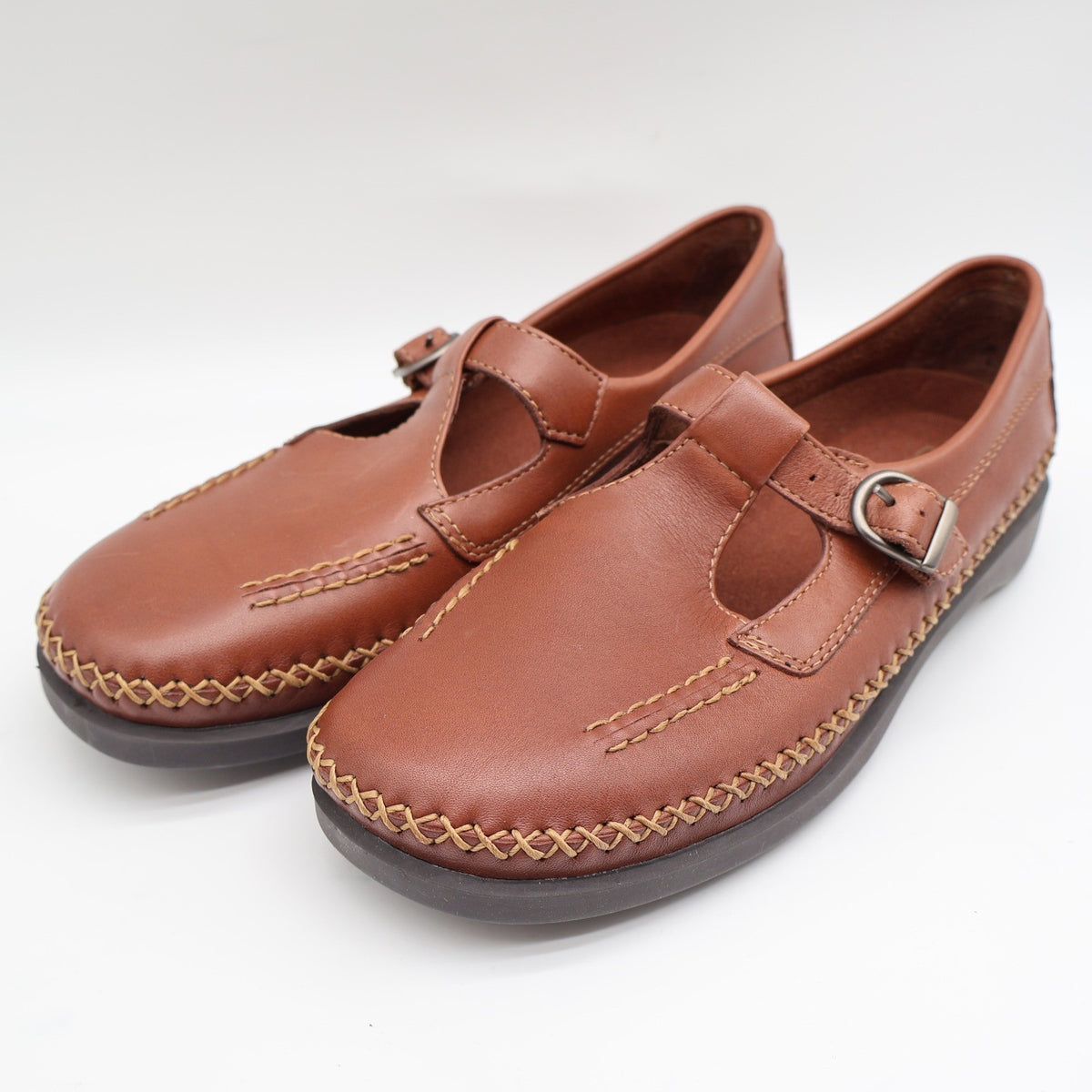 Dexter T-Strap Loafers Womens 8 Vintage Cognac Leather Faith Comfort Classics - take2supply
