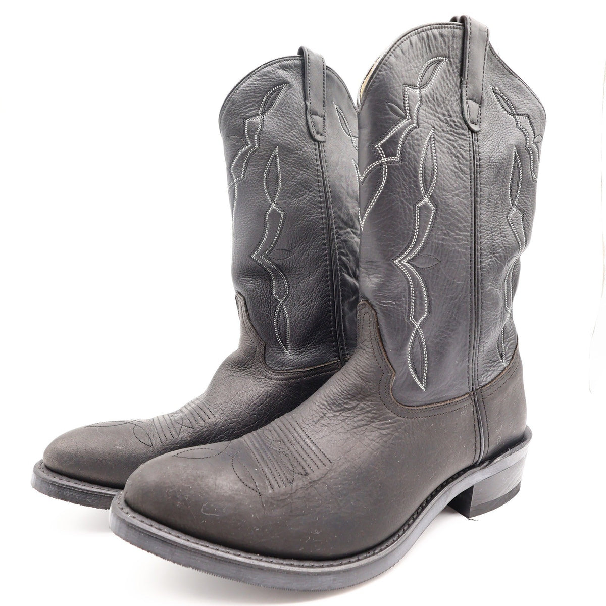 Black Double-H western boots with light shaft stitching, opposite front angle
