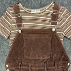 Close-up of the bib pocket, adjustable straps and striped top in a brown Amy Too jumper dress set