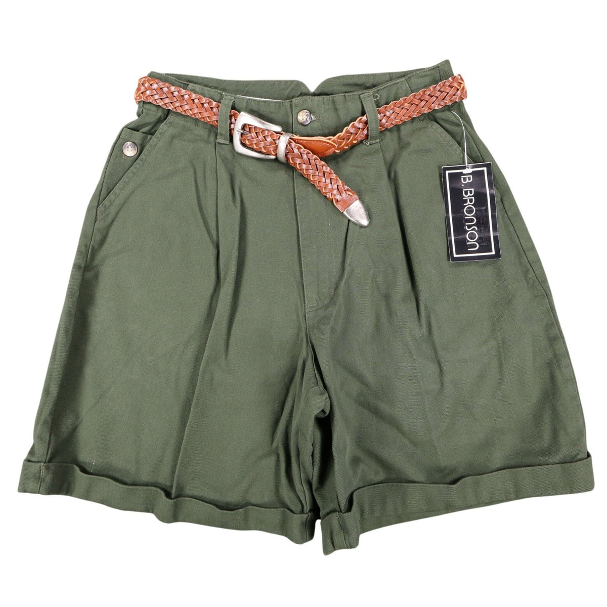 B. Bronson Pleated Shorts Womens 9/10 Vintage 90s Olive Green Cotton With Belt - take2supply