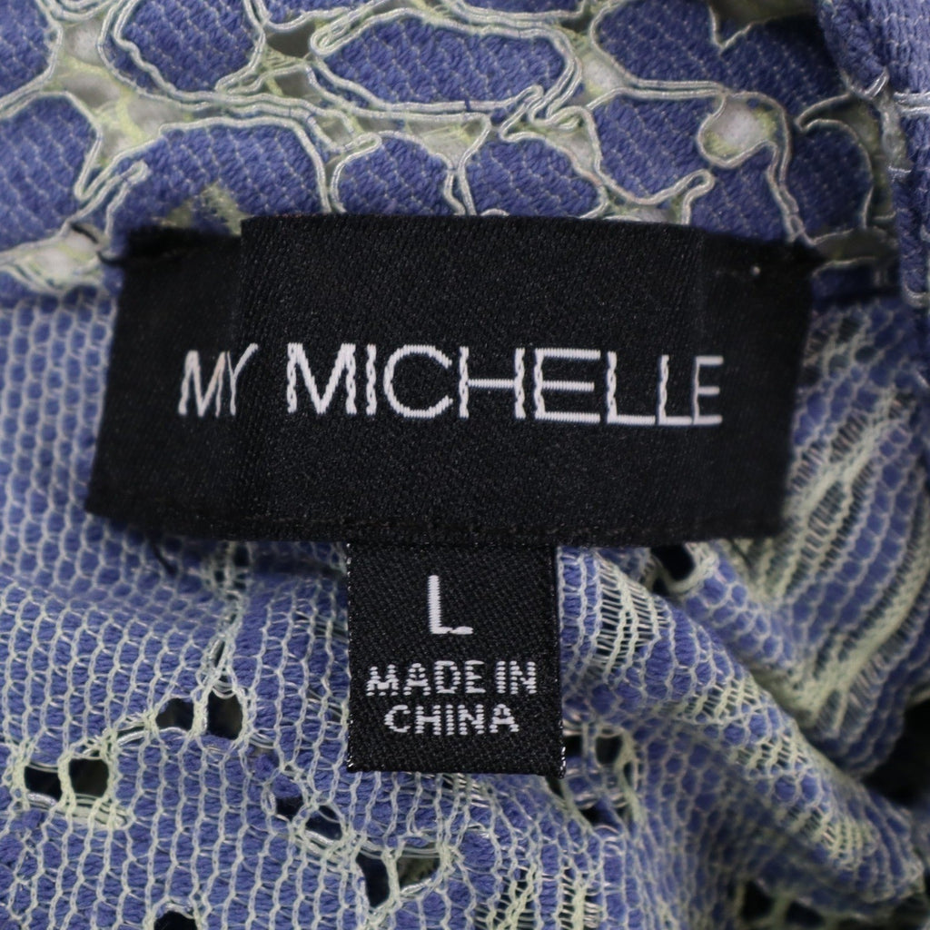 My Michelle Lace Sleeveless Top Womens Large Blue White Floral Choker Neck NWT - take2supply