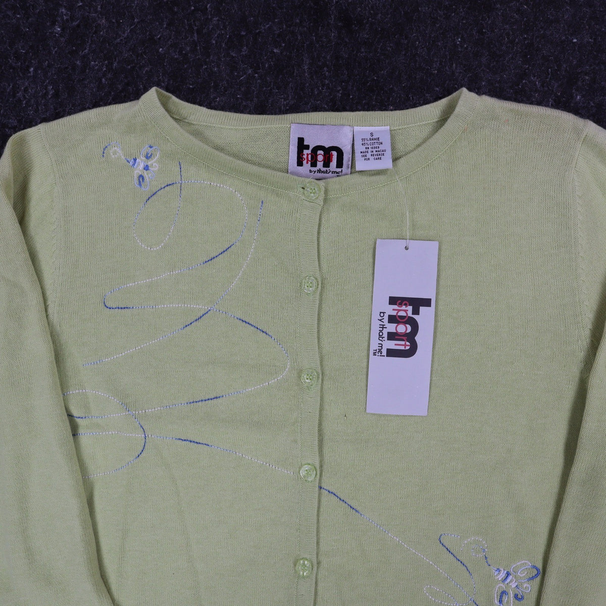 TM Sport That's Me Cardigan Sweater Womens Small Green Embroidered Ramie NWT - take2supply