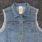 Vocal Denim Vest Womens XL Blue Cotton Studded Rhinestone Frayed Raw Edge Vest - take2supply
