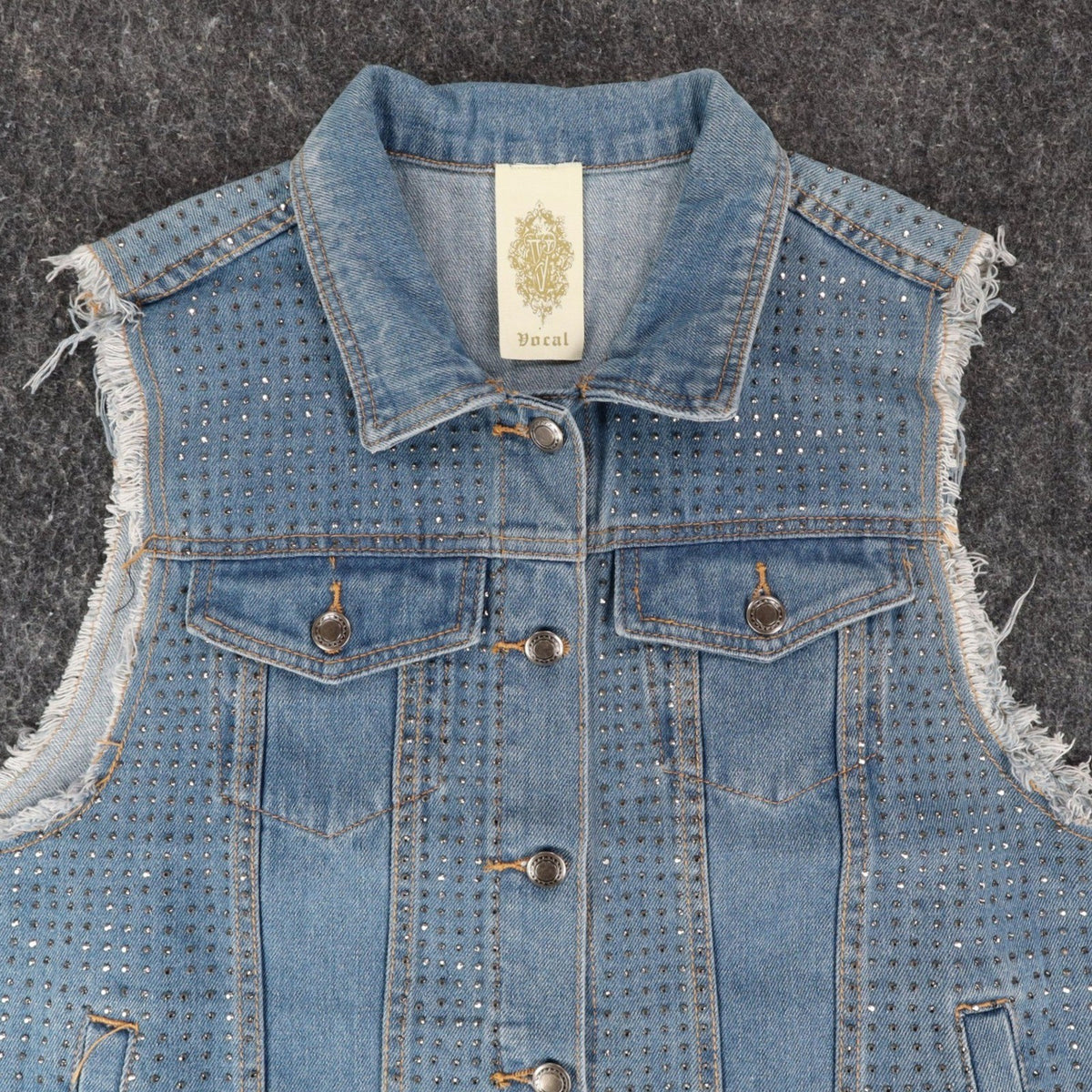 Vocal Denim Vest Womens XL Blue Cotton Studded Rhinestone Frayed Raw Edge Vest - take2supply