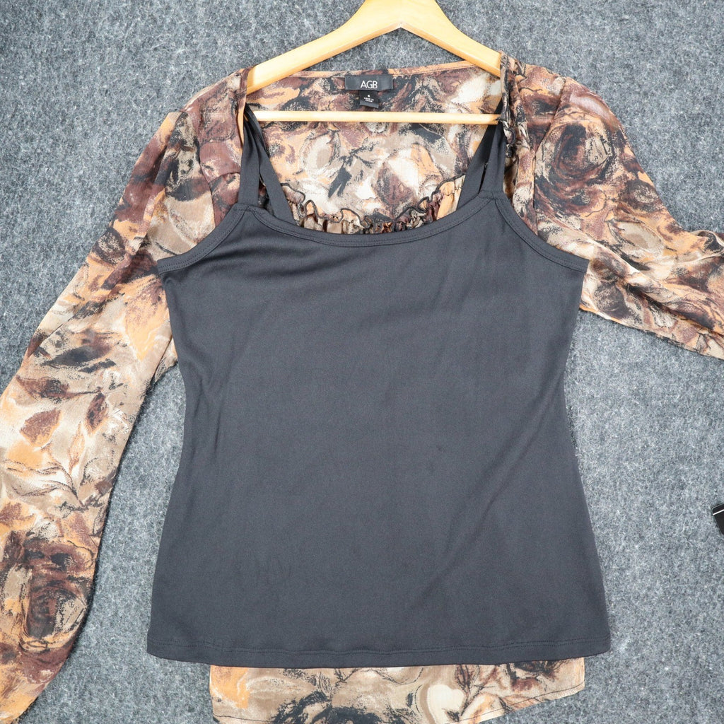 AGB Blouse Womens Small Brown Tan Abstract Floral Ruffle Neck Balloon Sleeve NEW - take2supply