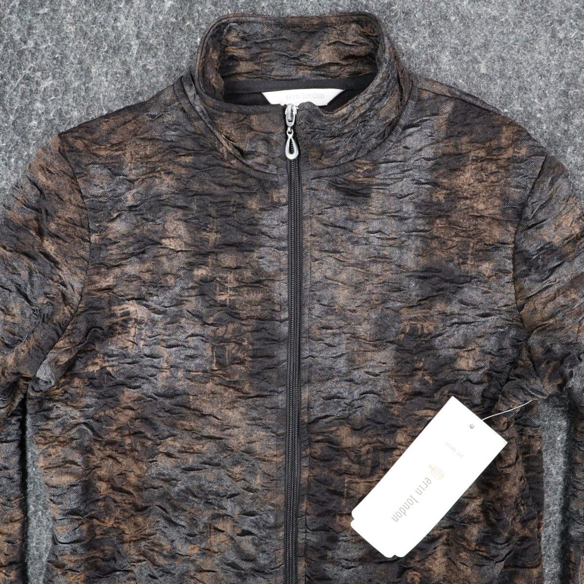 Erin London Jacket Small NWT Brown Crinkle Textured Mock Neck Full Zip Stretch - take2supply