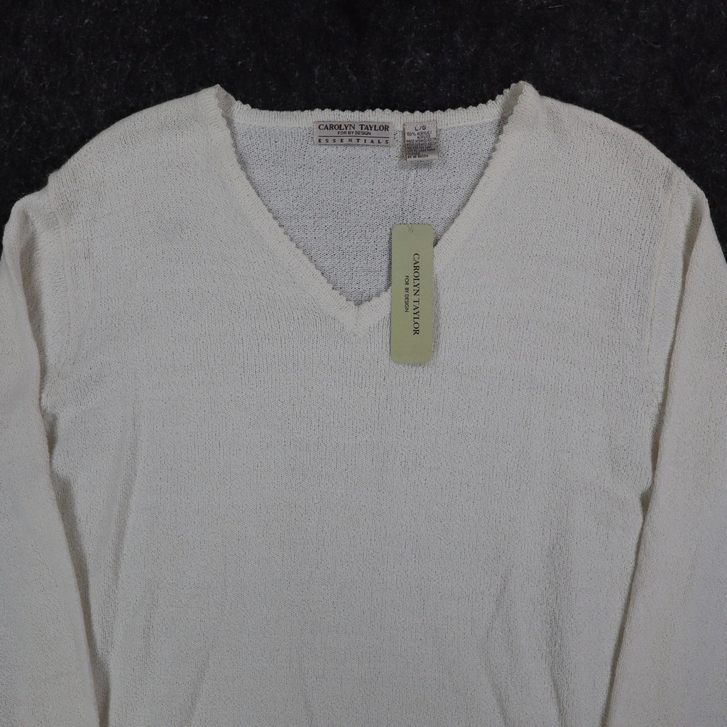 Carolyn Taylor Essentials Women Large White V-Neck Scallop Trim Knit Sweater NWT - take2supply