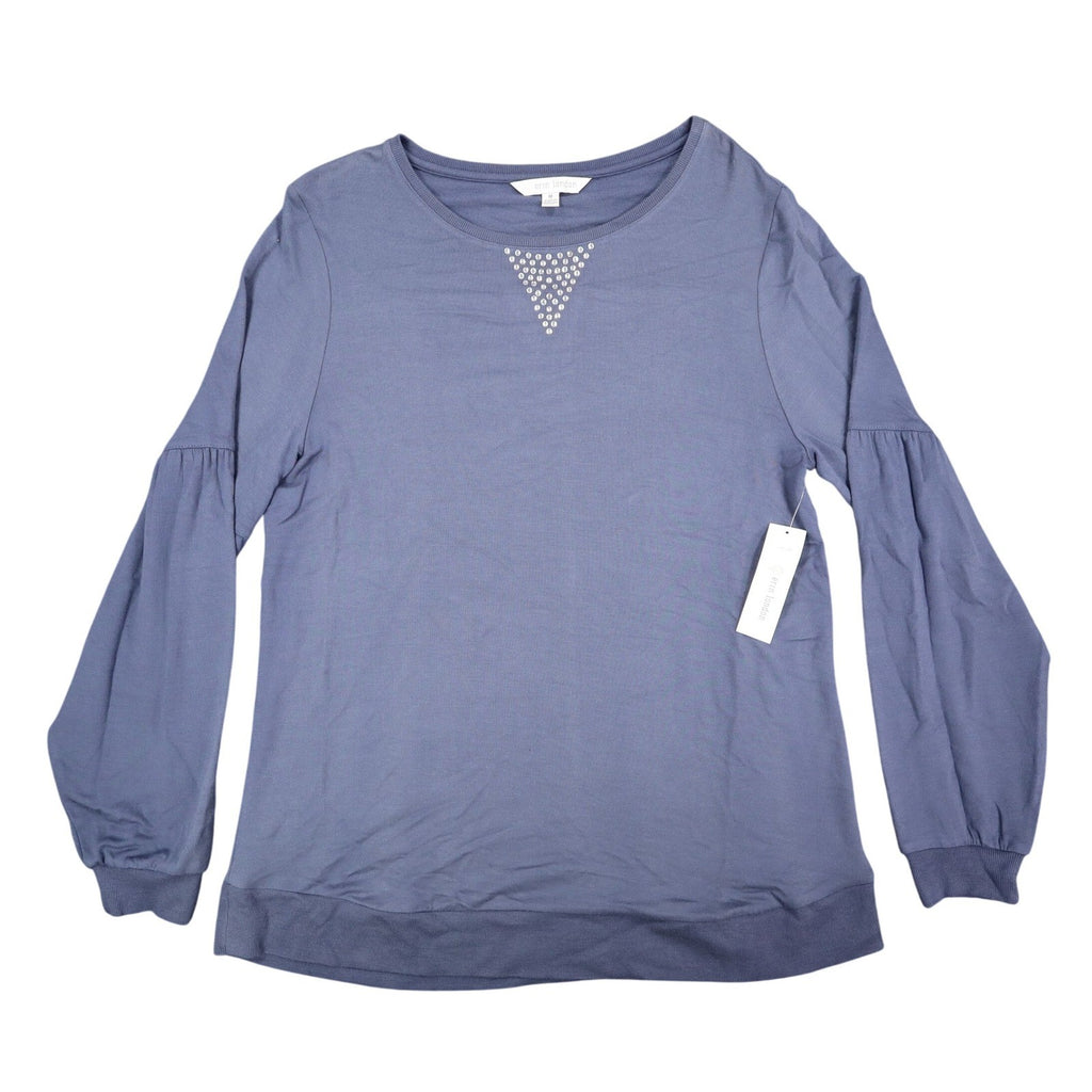 Erin London Studded Puff Sleeve Top Womens Medium Blue Viscose French Terry NWT - take2supply