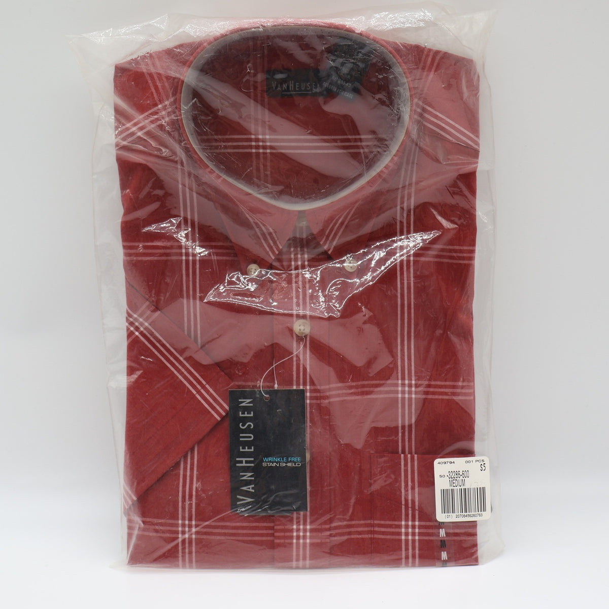 Van Heusen Shirt Mens Medium Red Plaid Short Sleeve Wrinkle Free Stain Shield - take2supply