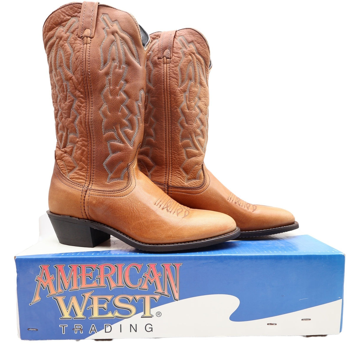 American West Trading Cowboy Boots Mens 9 D Walnut Deertan Leather Made in USA - take2supply