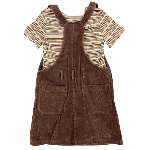 Brown Amy Too corduroy jumper dress with striped short-sleeve top, back view on hanger