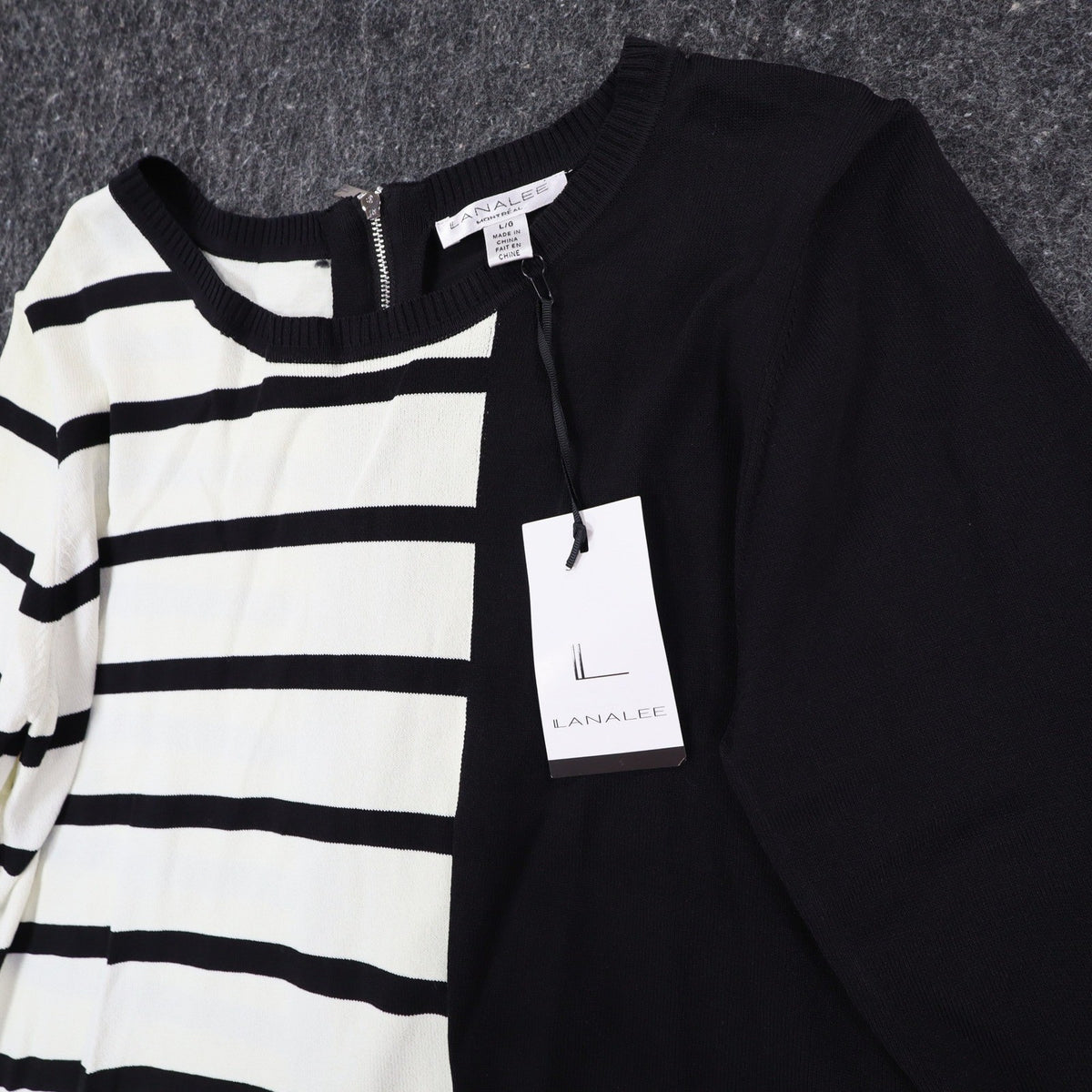 Lanalee Montreal Sweater Womens Large Black White Striped Colorblock Zip Back - take2supply