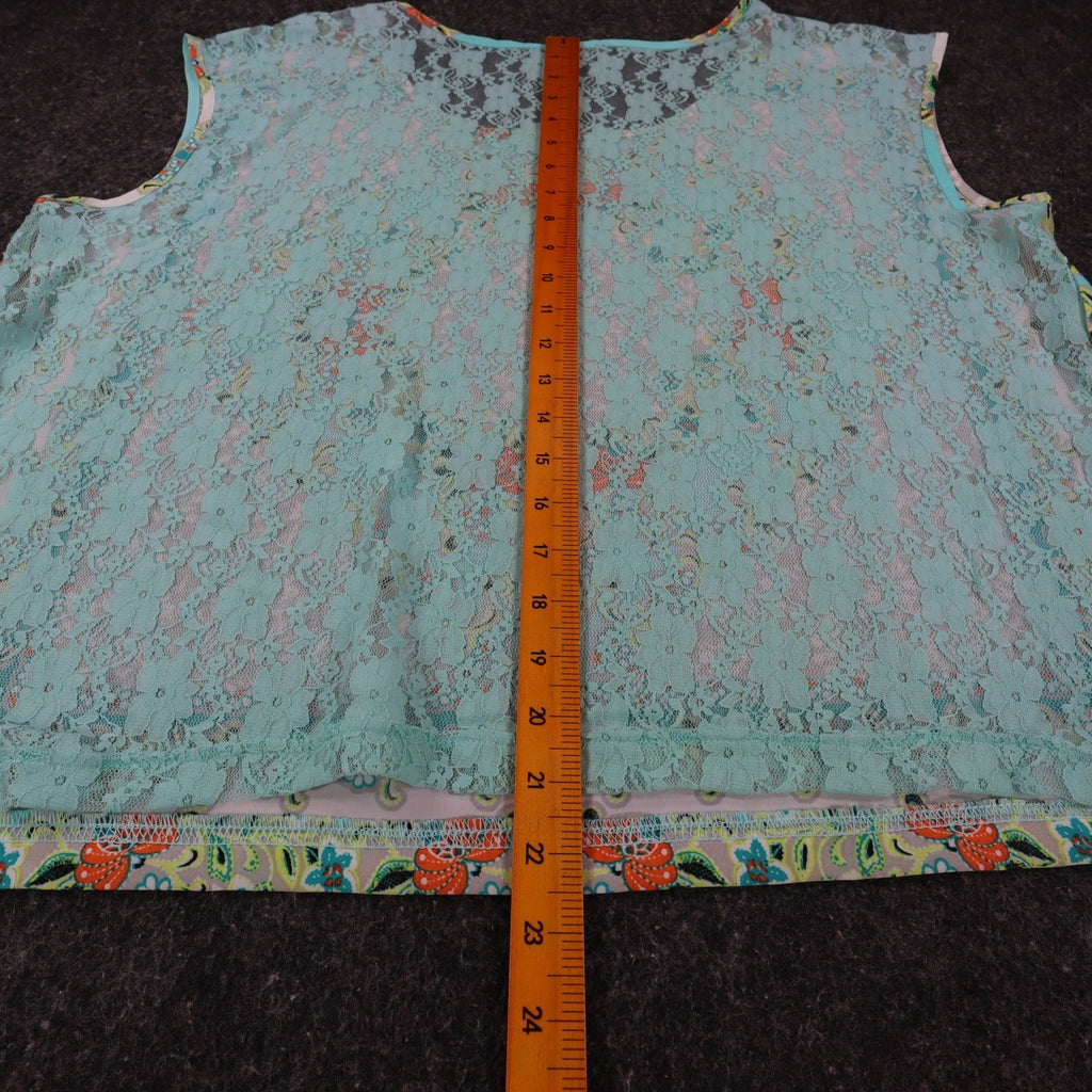 mymichelle Blouse XL Womens Aqua Blue Lace Back Scarf Print Sleeveless Top NEW - take2supply