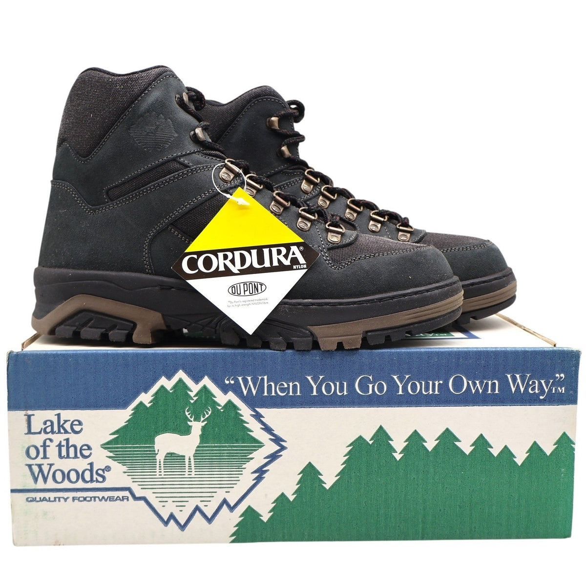 Gray Lake of the Woods hiking boots with Cordura panels, pair on branded box