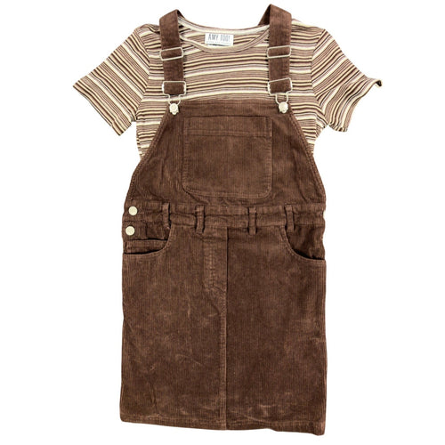 Front view of brown Amy Too corduroy jumper dress with a striped short-sleeve top