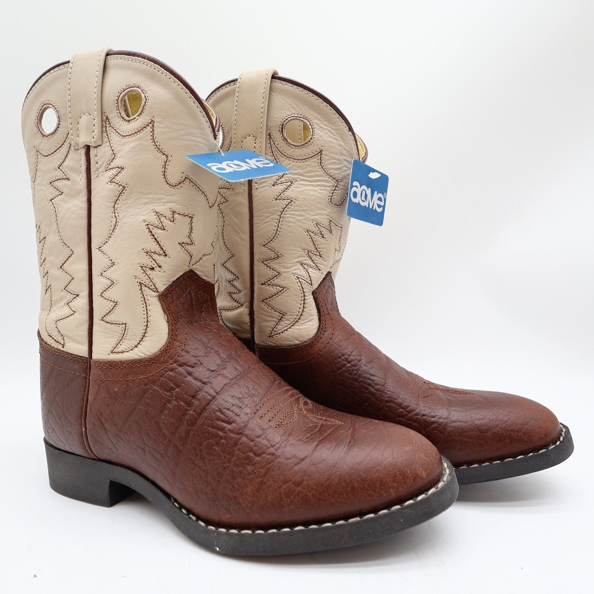 Acme Vintage Cowboy Boots Boys 2 Brown Cream Bullhide Roper NWT Deadstock - take2supply