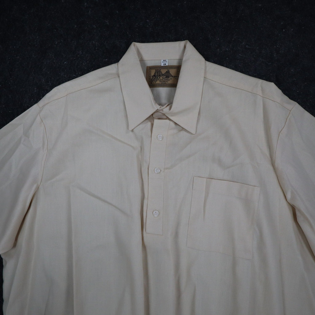 Fulton Street Shirt Works Polo Mens 2X Vintage 90s Cream Banded Bottom USA Made - take2supply