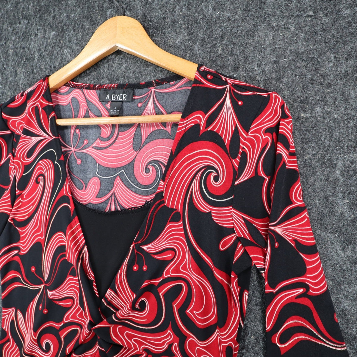 A. Byer Top Womens Small Y2K Red Black Floral Swirl Faux Wrap Twist Front NWT - take2supply