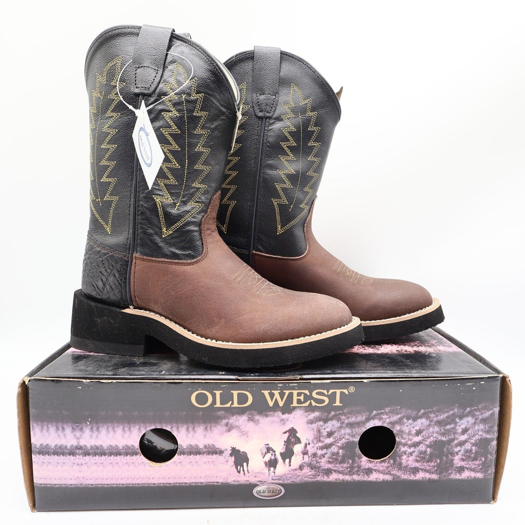 Old West 1606 Western Cowboy Boots Kids Size 1.5 Brown Black Leather NWT - take2supply