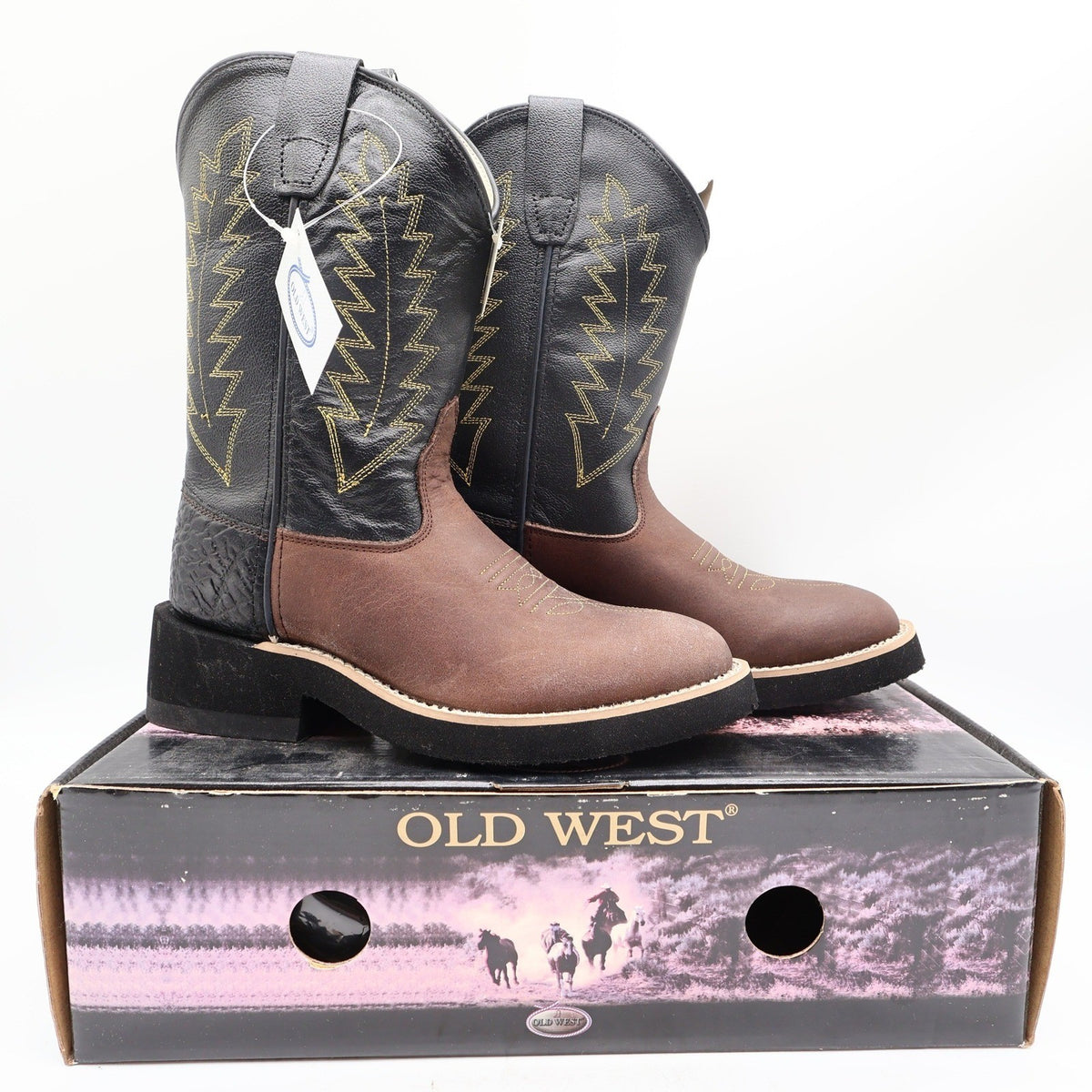 Old West 1606 Western Cowboy Boots Kids Size 1.5 Brown Black Leather NWT - take2supply