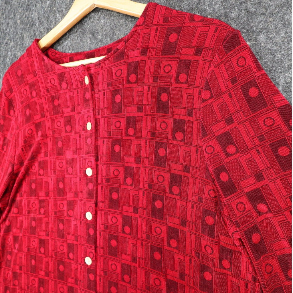 N Touch Blouse Womens Medium Vintage Red Black Geometric Button Front 3/4 Sleeve - take2supply