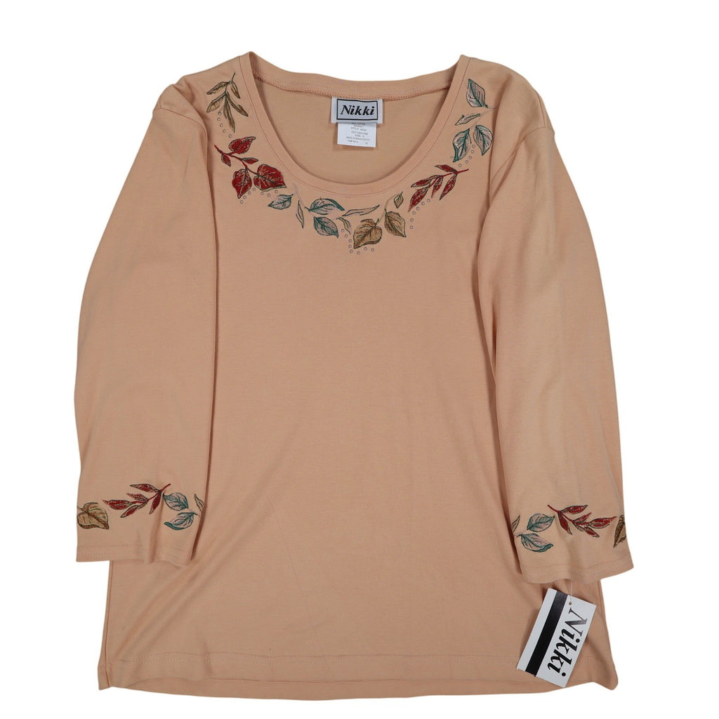 Nikki 3/4 Sleeve Top Womens Small Sandy Peach Embroidered Leaf Rhinestone NWT - take2supply