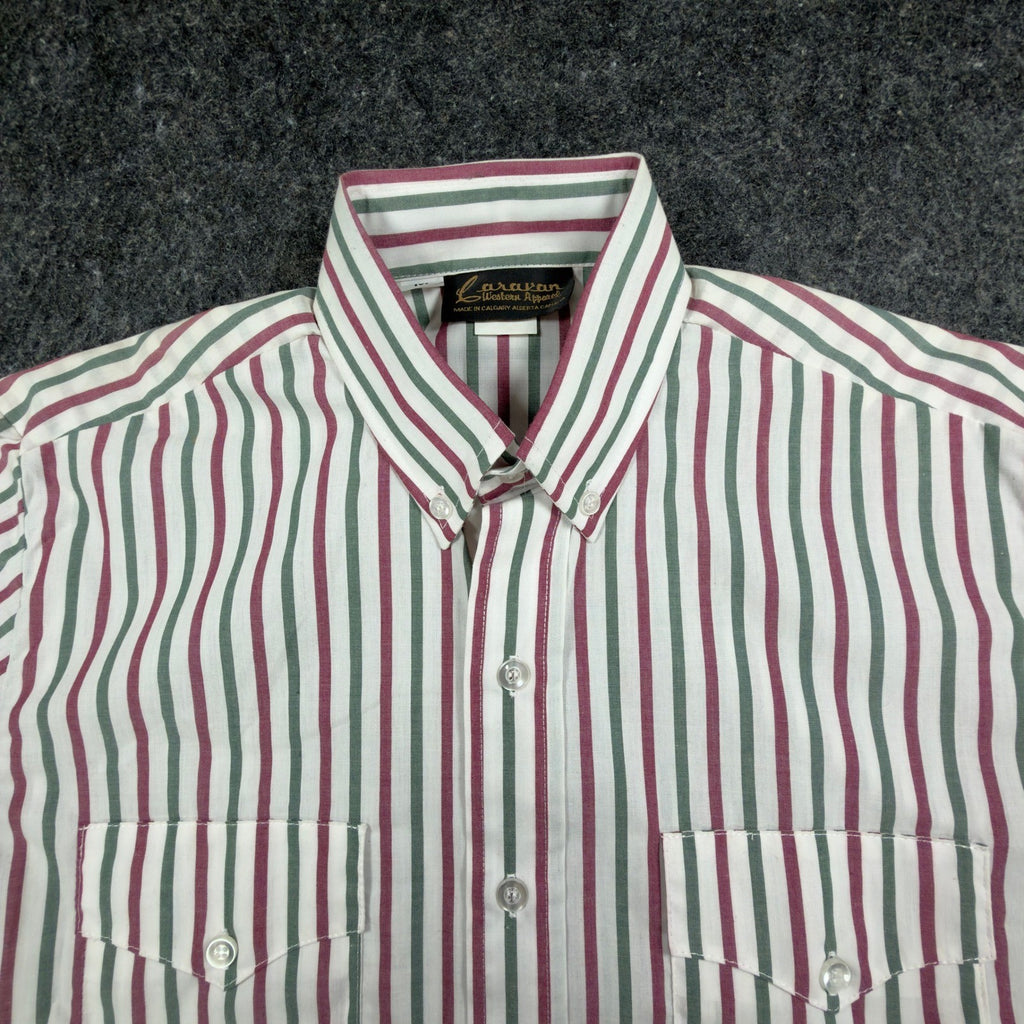 Caravan Vintage 90s Western Button Down Mens M Maroon Green Striped Shirt C430 - take2supply