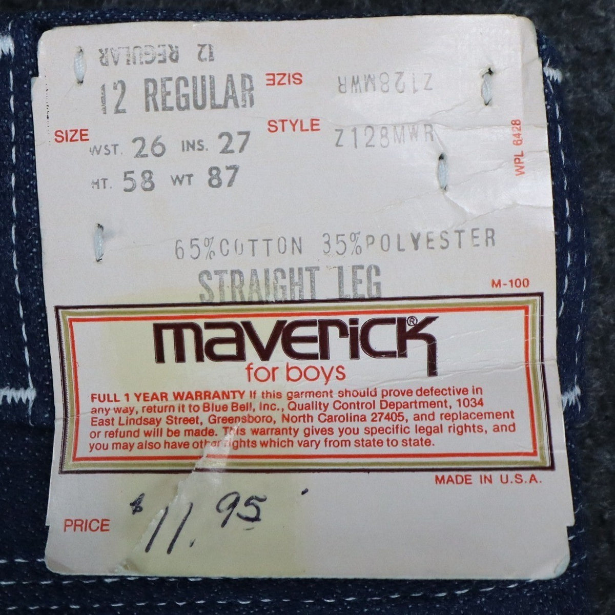 Maverick Straight Leg Jeans Boys 12 Regular Vintage 70s Blue Deadstock USA NWT - take2supply