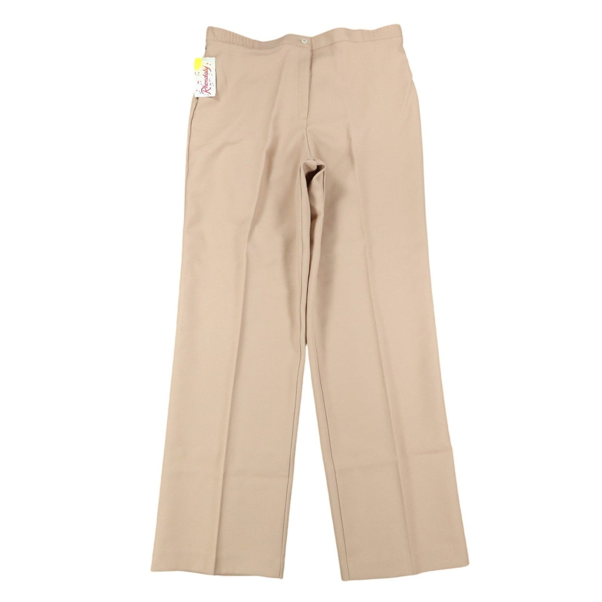 Beige straight-leg pants with elastic side waistband, full front view