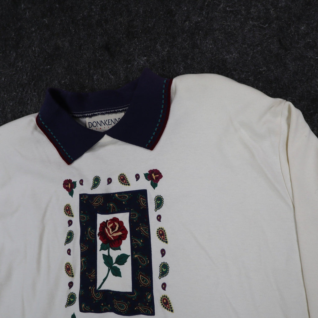 Donnkenny Classics Polo Shirt Womens XL Vintage 90s Ivory Rose Embroidered NWT - take2supply