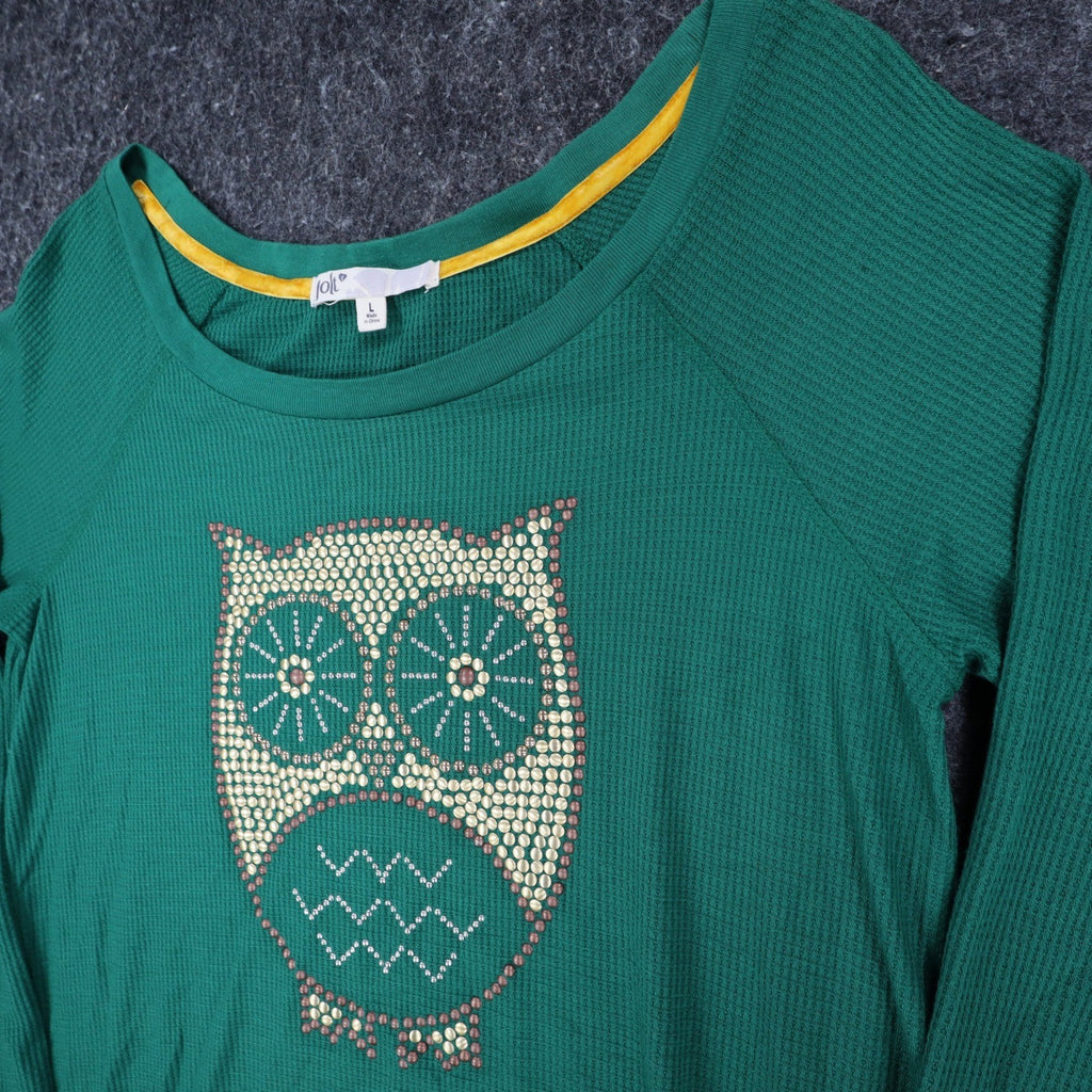 Jolt Owl Studded Thermal Top Womens Large Green Waffle Knit Raglan NWT - take2supply