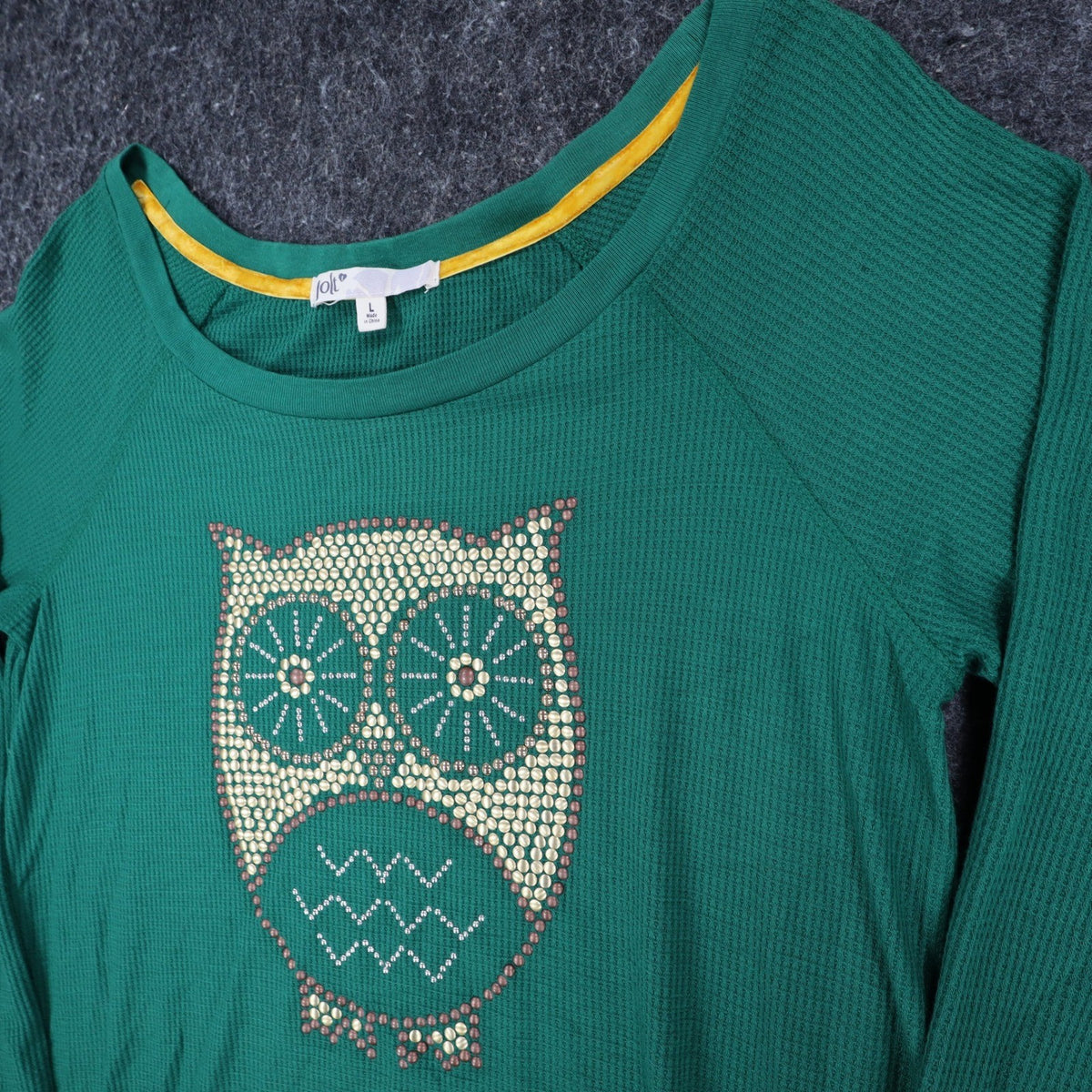 Jolt Owl Studded Thermal Top Womens Large Green Waffle Knit Raglan NWT - take2supply
