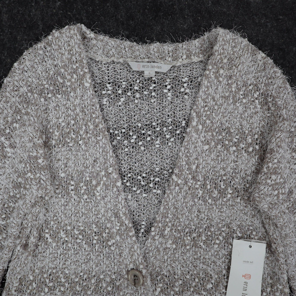 Erin London Cardigan Womens Small Stone Metallic Eyelash Fuzzy Knit Bell Sleeve - take2supply